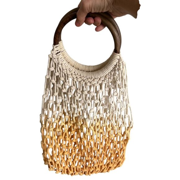 Macramé Handbag Wooden Handle Ombre Beach Bag Boho Chic Retro - Picture 1 of 10